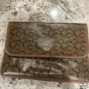 Celine Pouch Brown Monogram Canvas Envelope Clutch with Tan Trim